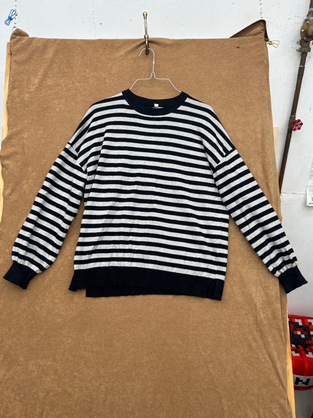 Men's Black and White Striped Crewneck Sweater